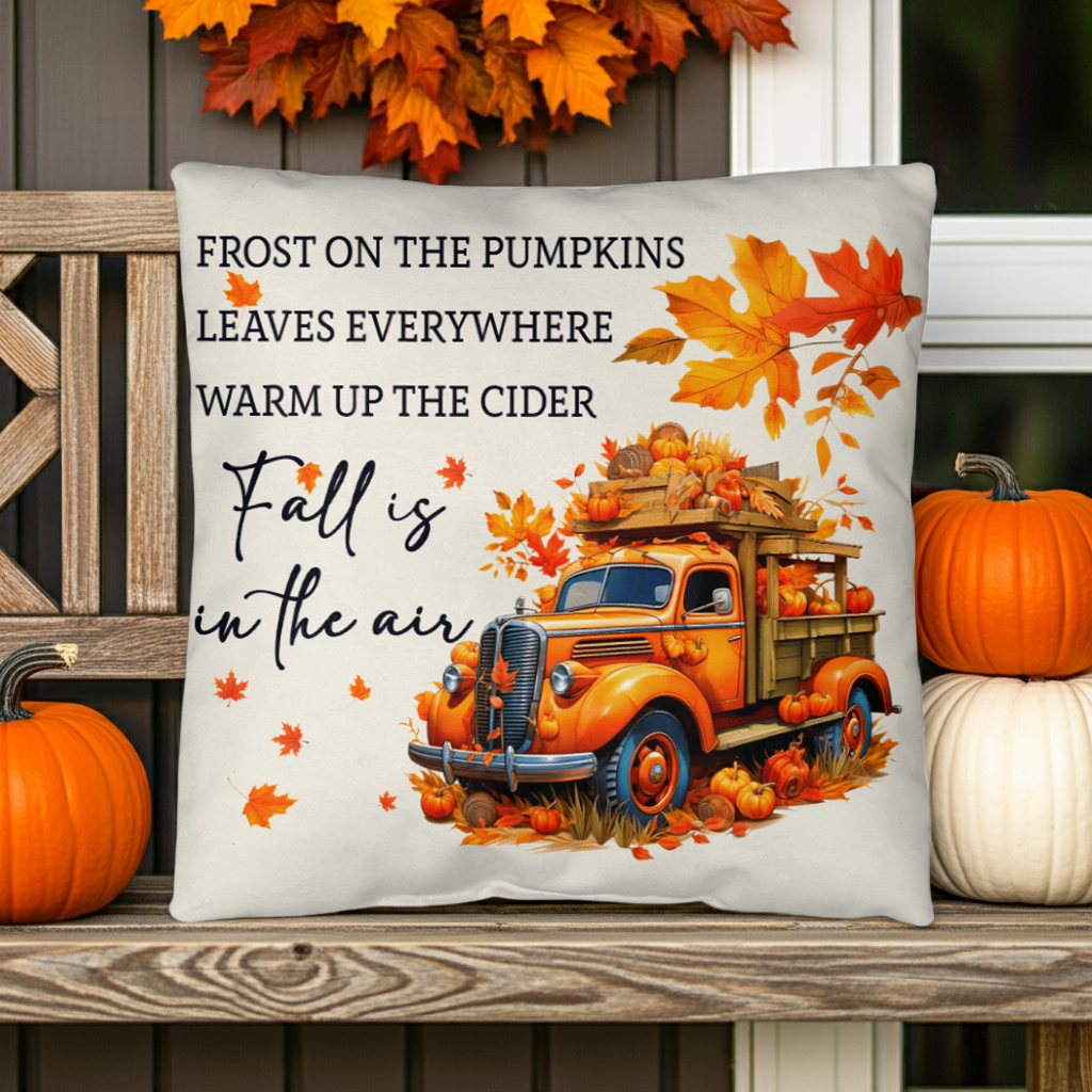 Fall Is in the Air Outdoor Pillow – Pumpkin Truck Autumn Decor – Waterproof, UV-Resistant Throw Pillow for Porch or Patio - Mallard Moon