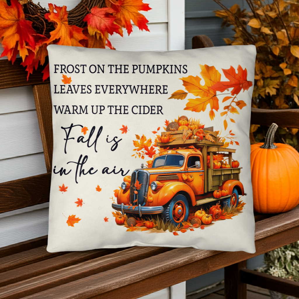 Fall Is in the Air Outdoor Pillow – Pumpkin Truck Autumn Decor – Waterproof, UV-Resistant Throw Pillow for Porch or Patio - Mallard Moon