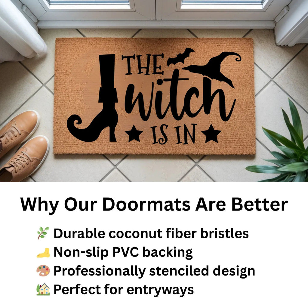 The Witch Is In Doormat – Funny Witch Halloween Outdoor Coir Mat Décor