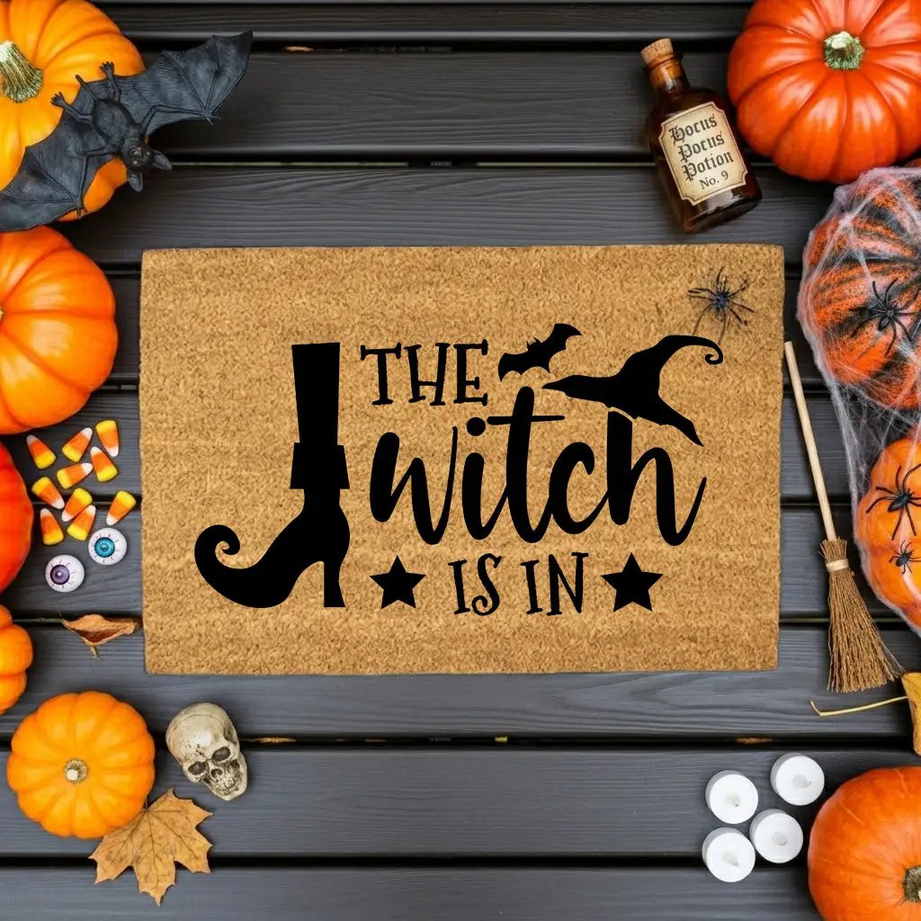 The Witch Is In Doormat – Funny Witch Halloween Outdoor Coir Mat Décor