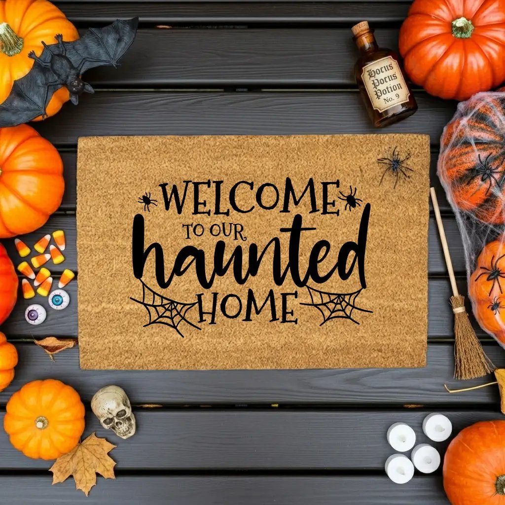 Welcome to Our Haunted Home Doormat – Spooky Halloween Coir Mat Décor