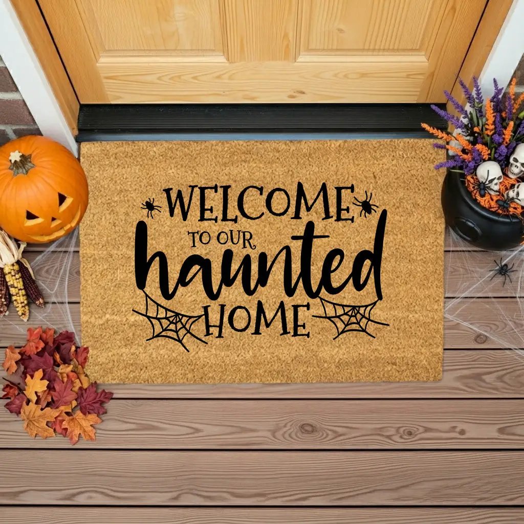 Welcome to Our Haunted Home Doormat – Spooky Halloween Coir Mat Décor