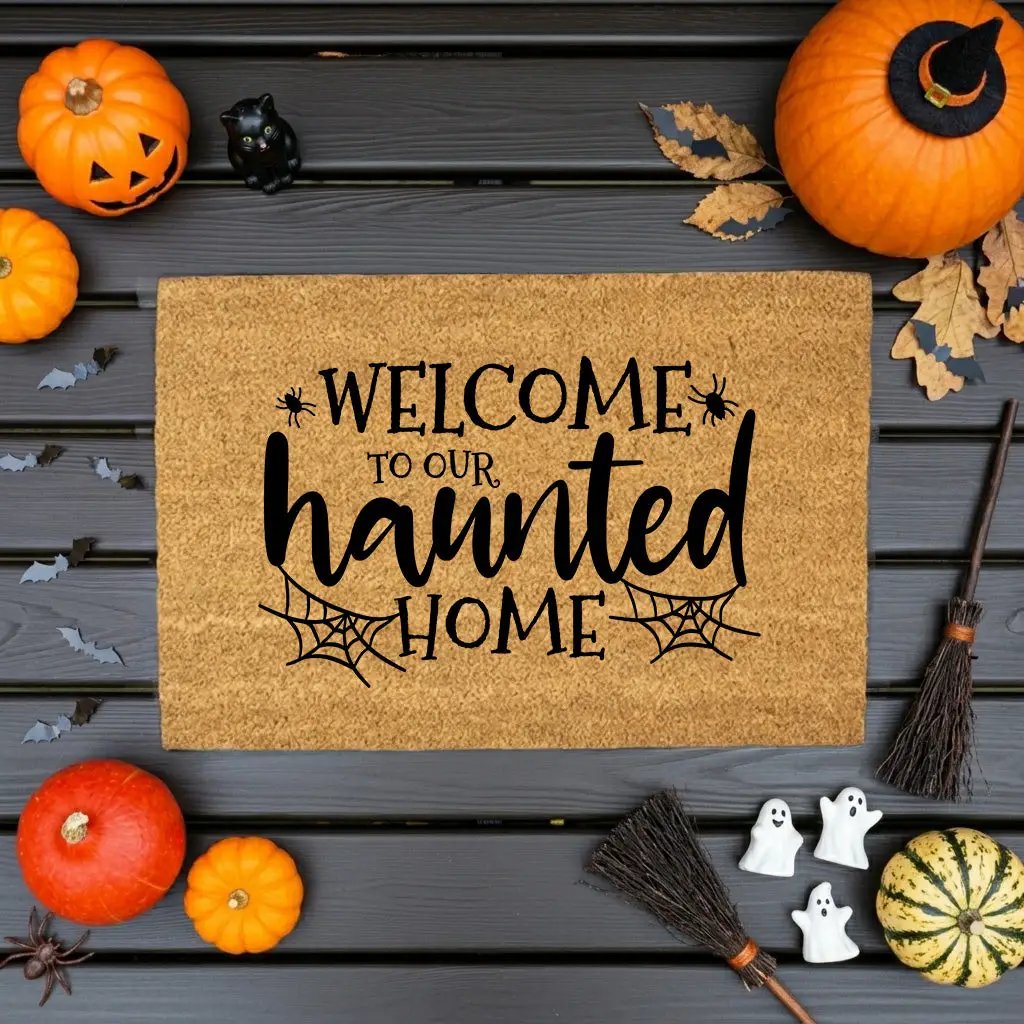 Welcome to Our Haunted Home Doormat – Spooky Halloween Coir Mat Décor