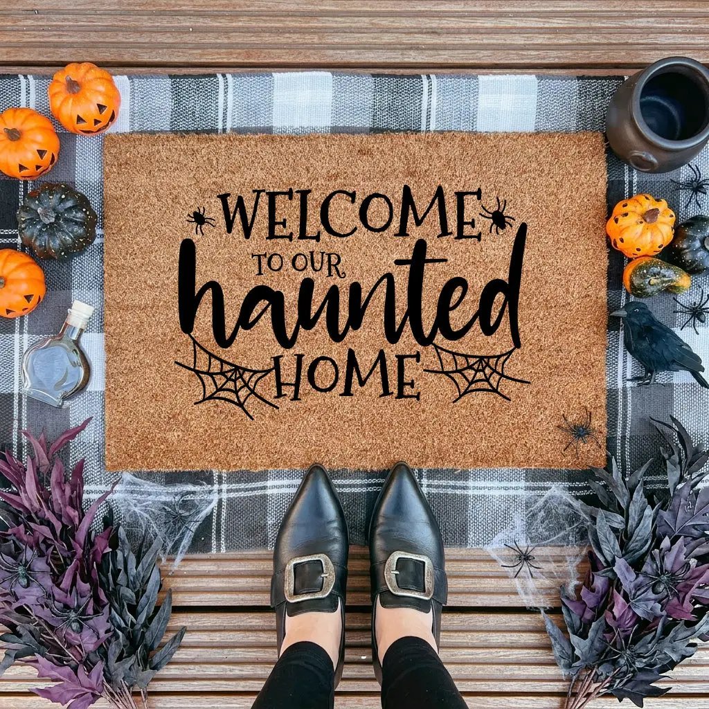 Welcome to Our Haunted Home Doormat – Spooky Halloween Coir Mat Décor