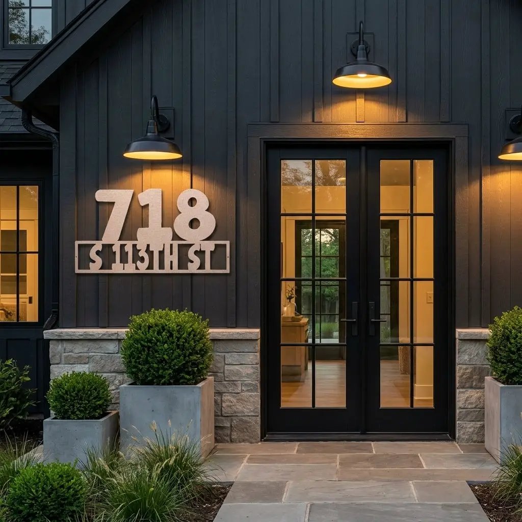 Personalized Metal Address Sign – Custom House Number Steel Wall Art – Modern Farmhouse Address Plaque – Outdoor Powder Coated Home Decor