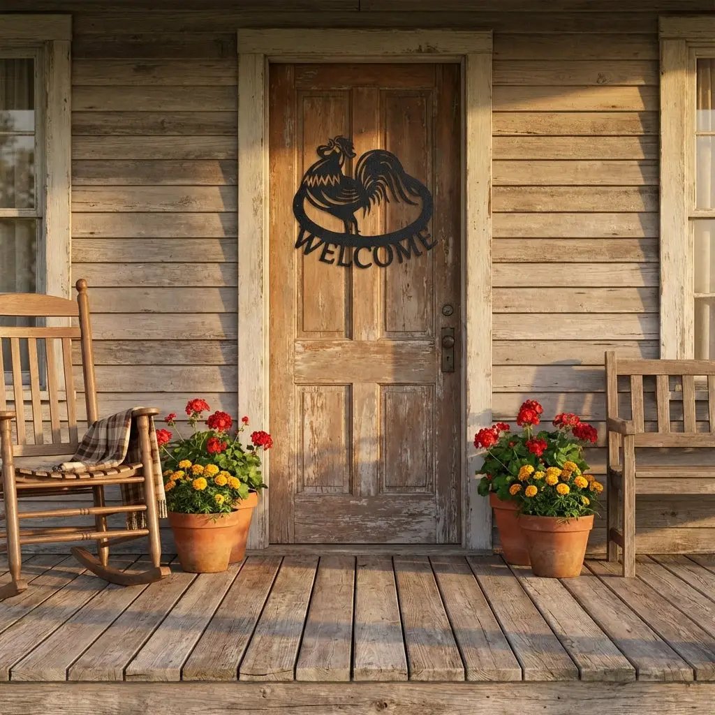 Welcome Rooster Metal Wall Art – Farmhouse Chicken Decor – Rustic Kitchen Wall Sign – Country Home Decor – Farmhouse Porch Sign