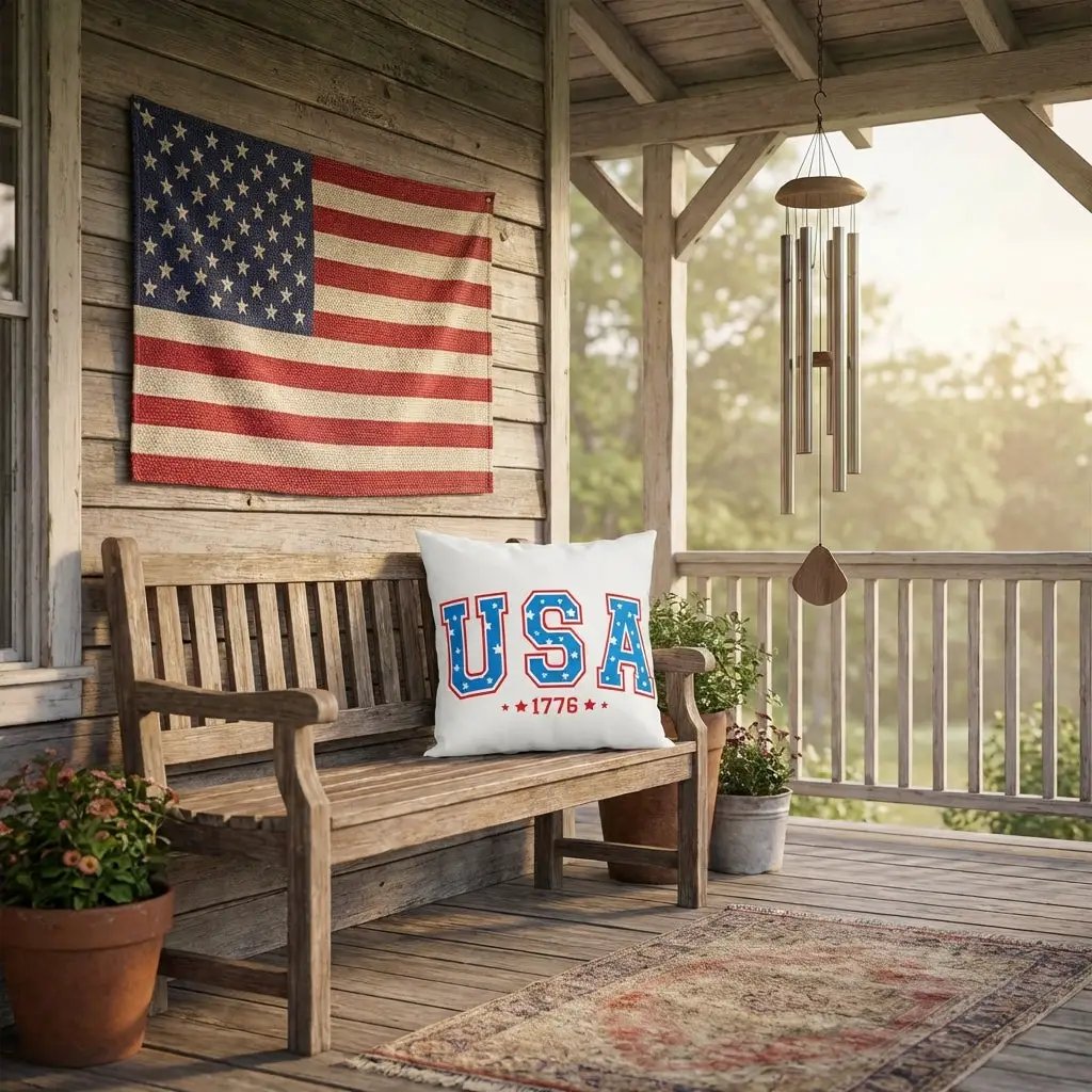 USA 1776 Patriotic Indoor Outdoor Pillow – American Flag Throw Pillow – Americana Farmhouse Decor – 4th of July Cushion – Red White Blue Home Accent