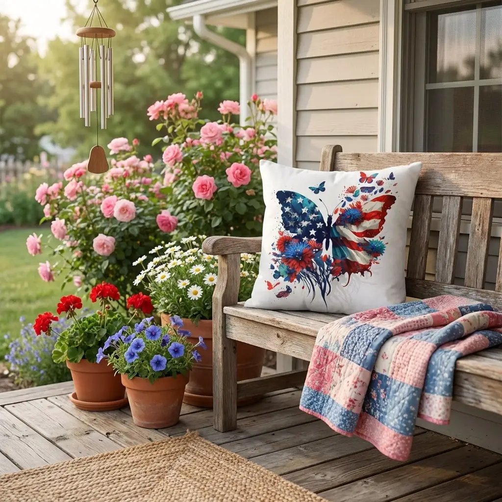 Patriotic Butterfly Pillow – American Flag Butterfly Throw Pillow – Red White Blue Floral Cushion – 4th of July Home Decor