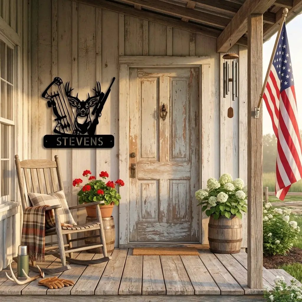 Personalized Deer Hunting Metal Wall Art Custom Hunter Name Sign Buck Head Bow Rifle Decor Rustic Cabin Hunting Gift Outdoor Wall Decor
