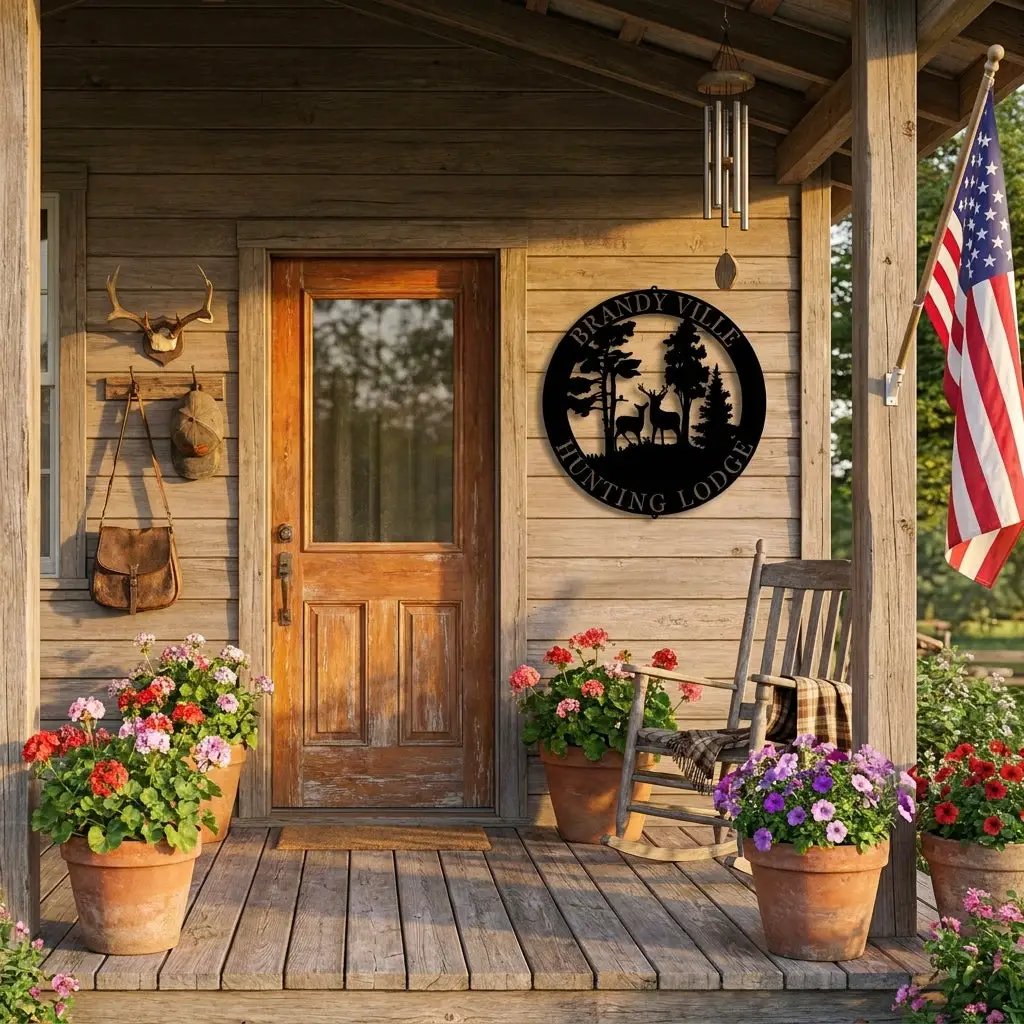 Personalized Deer Couple Metal Wall Art Custom Family Name Sign Hunting Lodge Decor Buck Doe Forest Scene Rustic Outdoor Wall Hanging