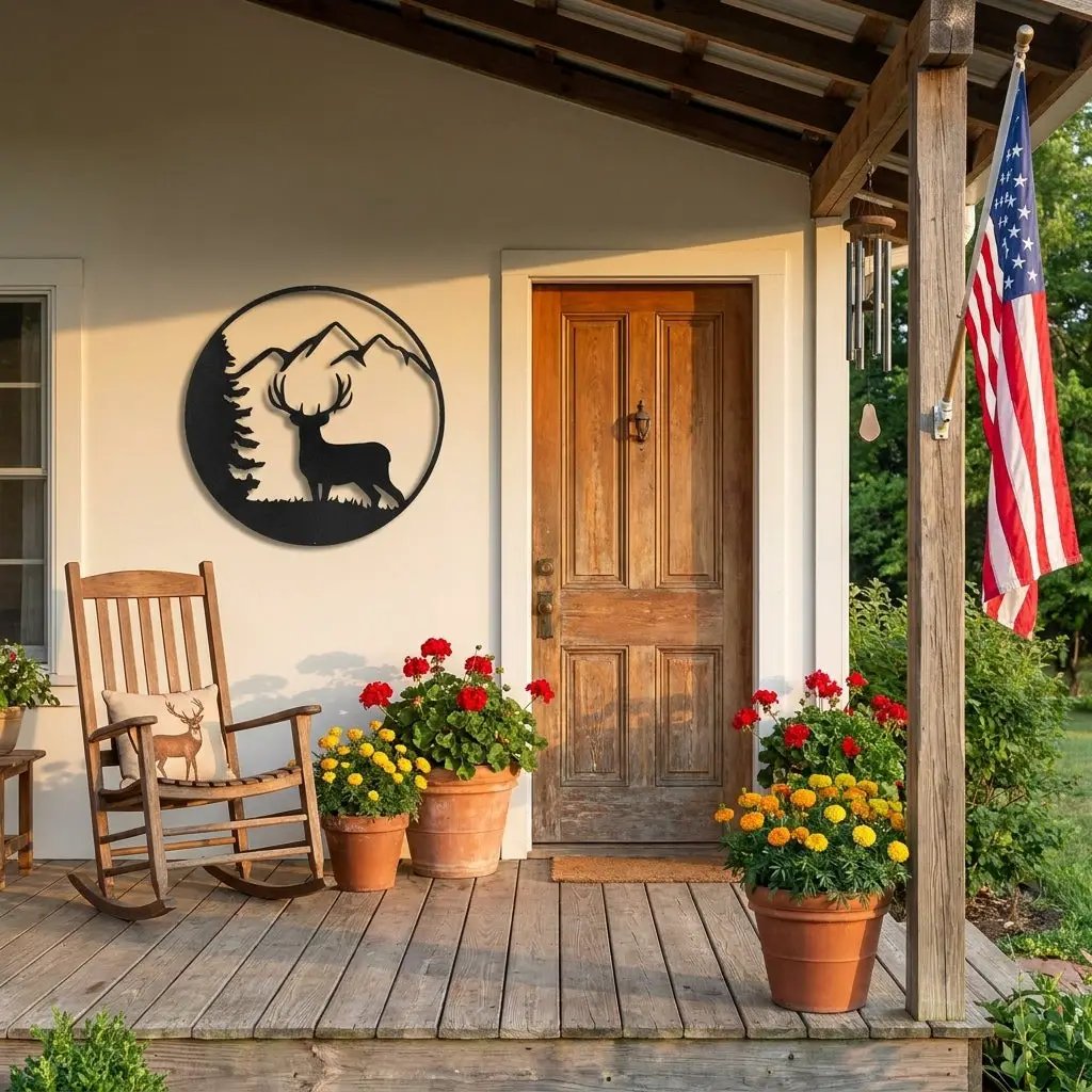 Deer Mountain Metal Wall Art – Rustic Wildlife Circle Sign – Forest & Cabin Lodge Decor – Stag Silhouette Steel Wall Hanging