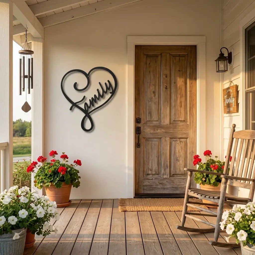 Family Name Heart Metal Wall Art Sign – Custom Steel Family Love Monogram – Laser Cut Amish Crafted Metal Home Decor