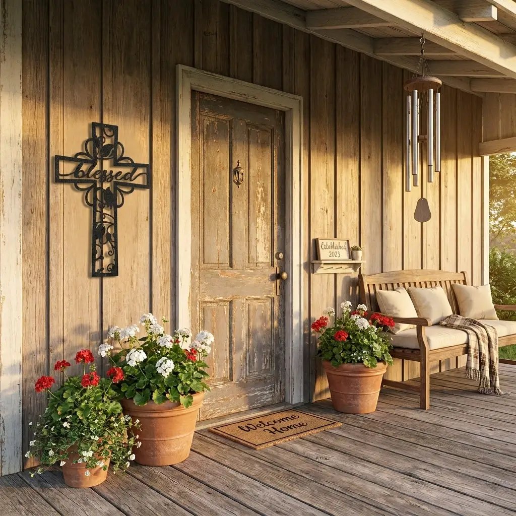Blessed Cross Metal Wall Art | Christian Floral Cross Decor | Inspirational Faith Wall Hanging
