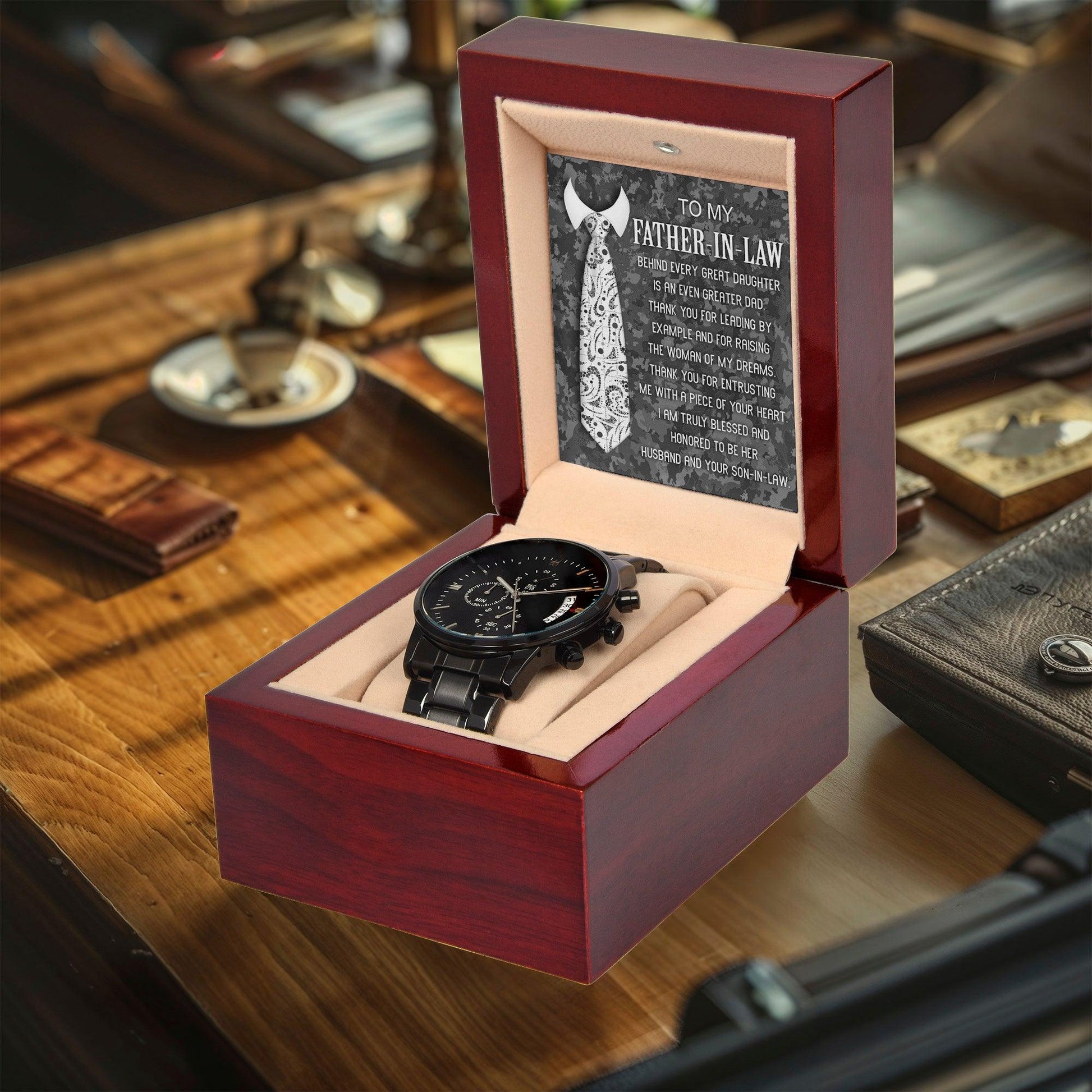 Gift for Father-In-Law - Behind Every Great Daughter is an Even Greater Dad Black Chronograph Watch - Mallard Moon Gift Shop