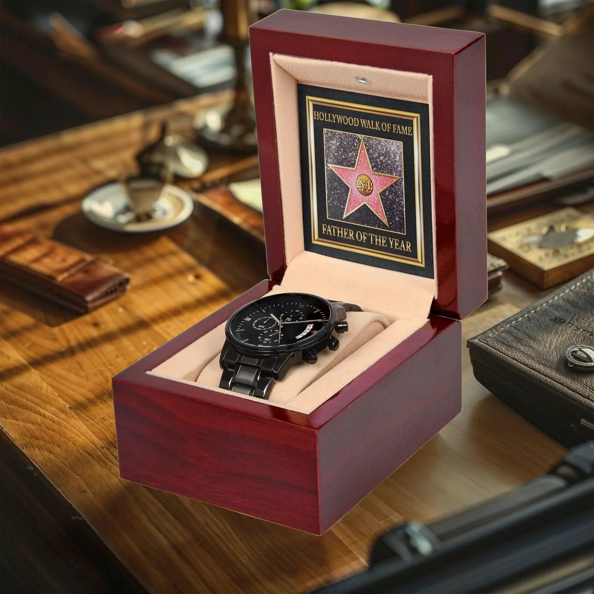 Gift for Dad Hollywood Walk of Fame Father of the Year Black Chronograph Watch