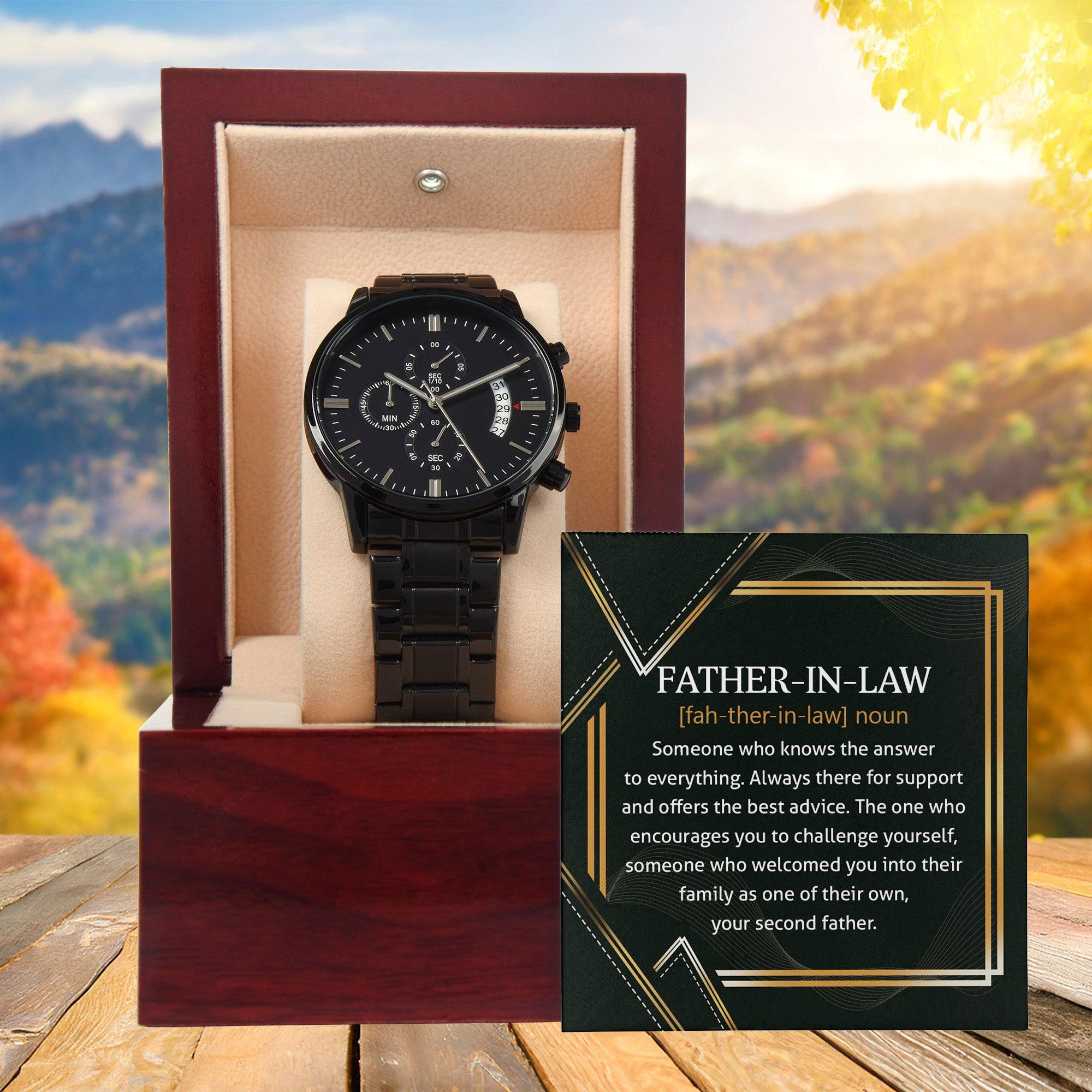 Gift for Father-in-Law - Definition: Someone Who Knows the Answer - Black Chronograph Watch - Mallard Moon Gift Shop