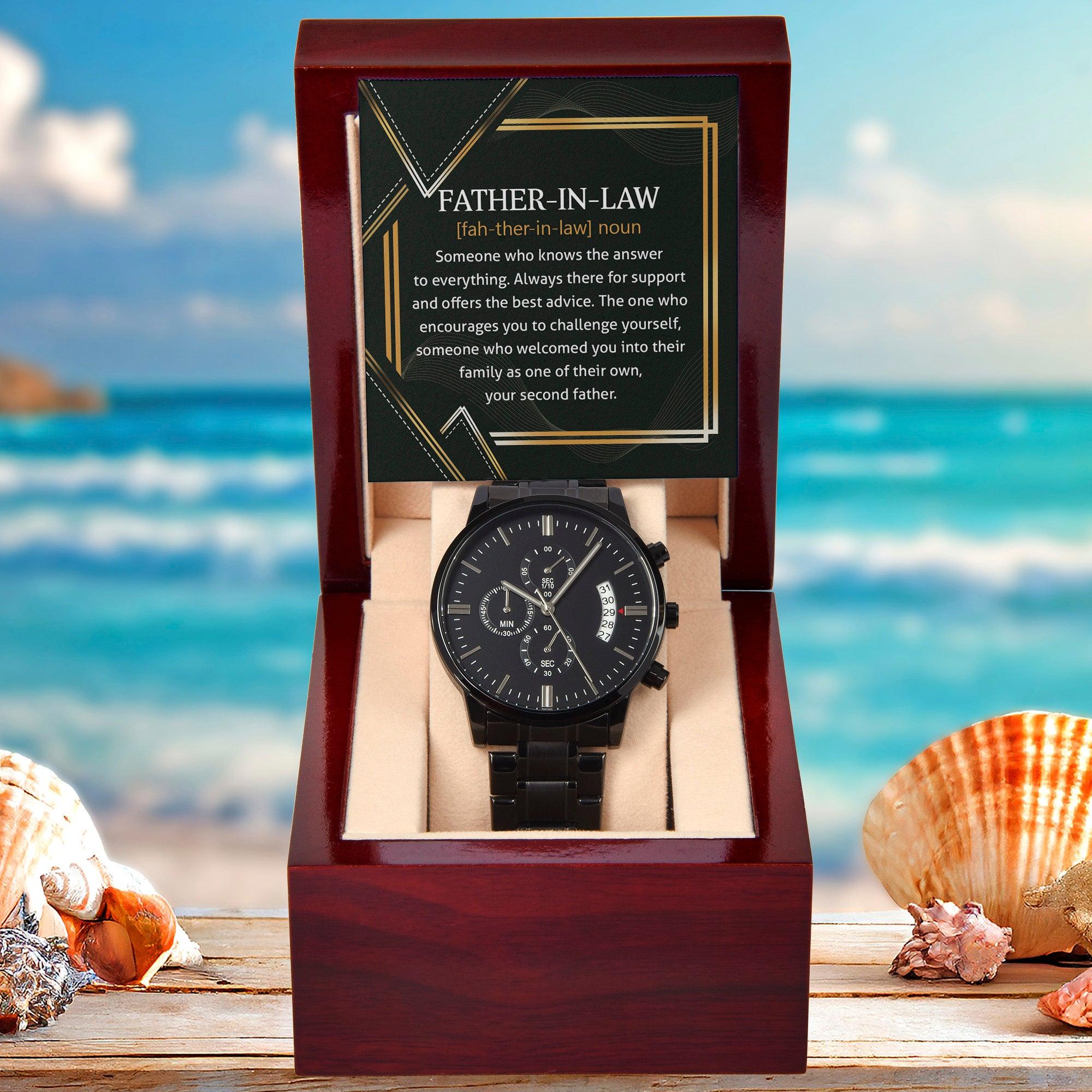 Gift for Father-in-Law - Definition: Someone Who Knows the Answer - Black Chronograph Watch - Mallard Moon Gift Shop