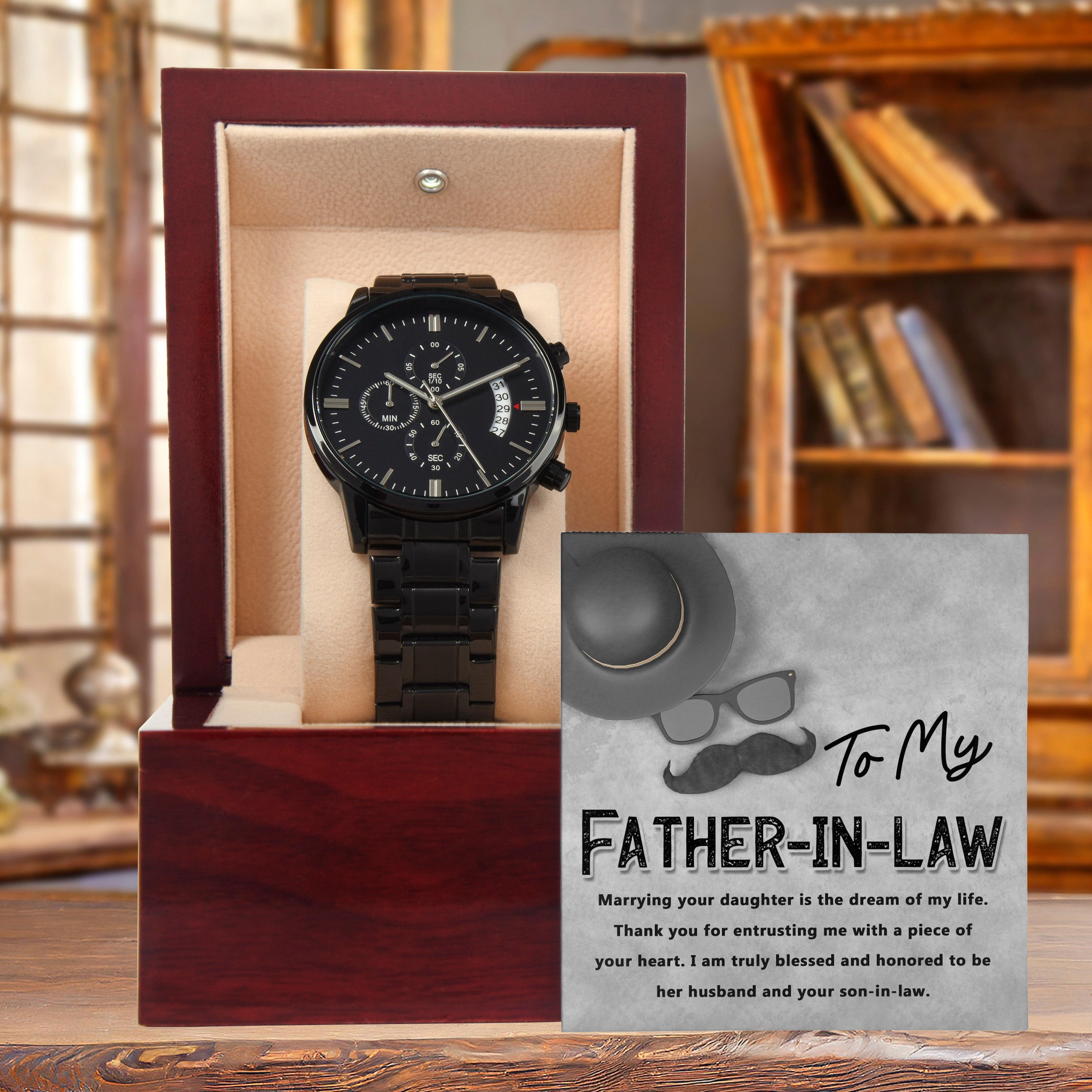 Gift for Father-in-Law - Honored To Be Your Son-in-Law Black Chronograph Watch - Mallard Moon Gift Shop