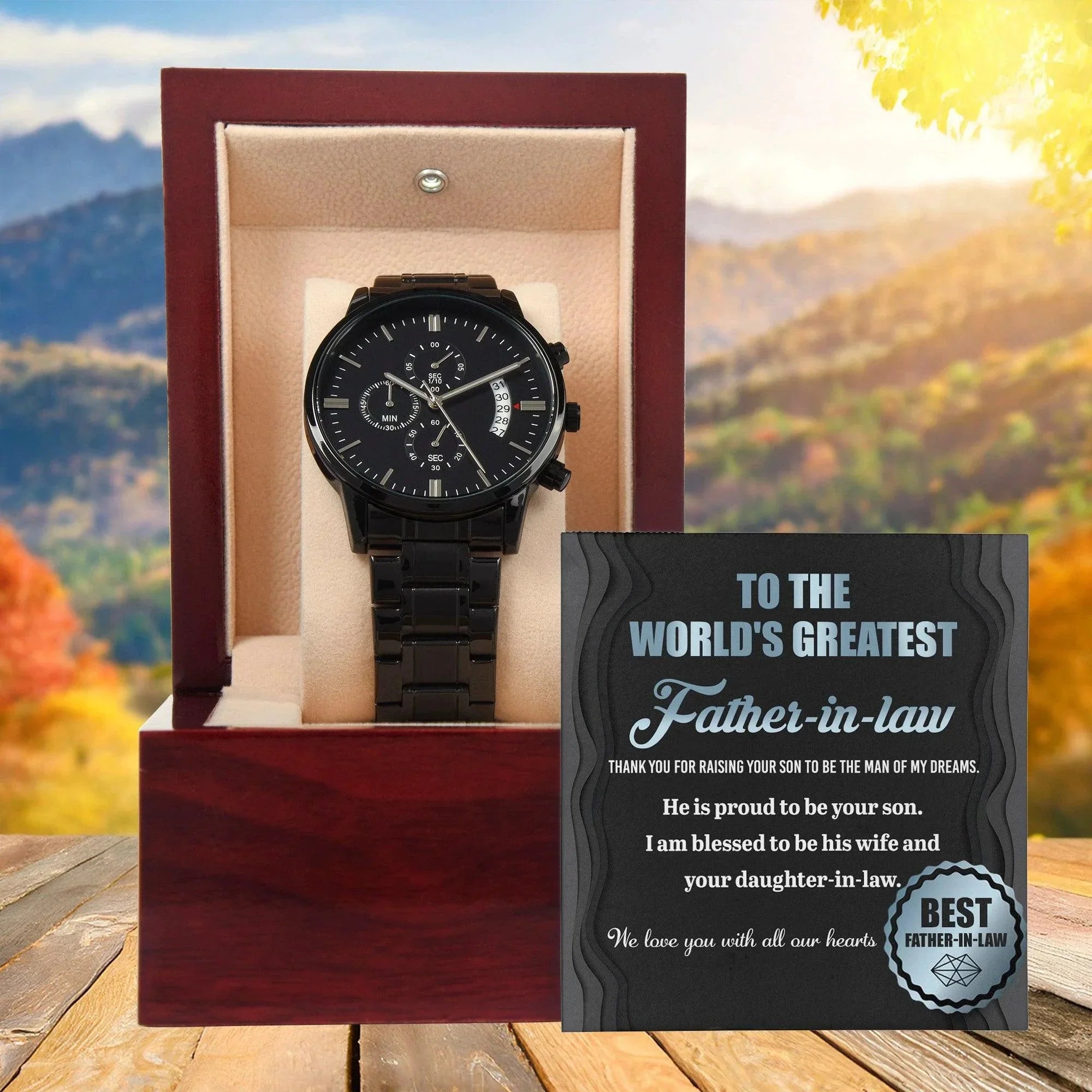 Gift for Father-in-Law He is Proud To Be Your Son Black Chronograph Watch