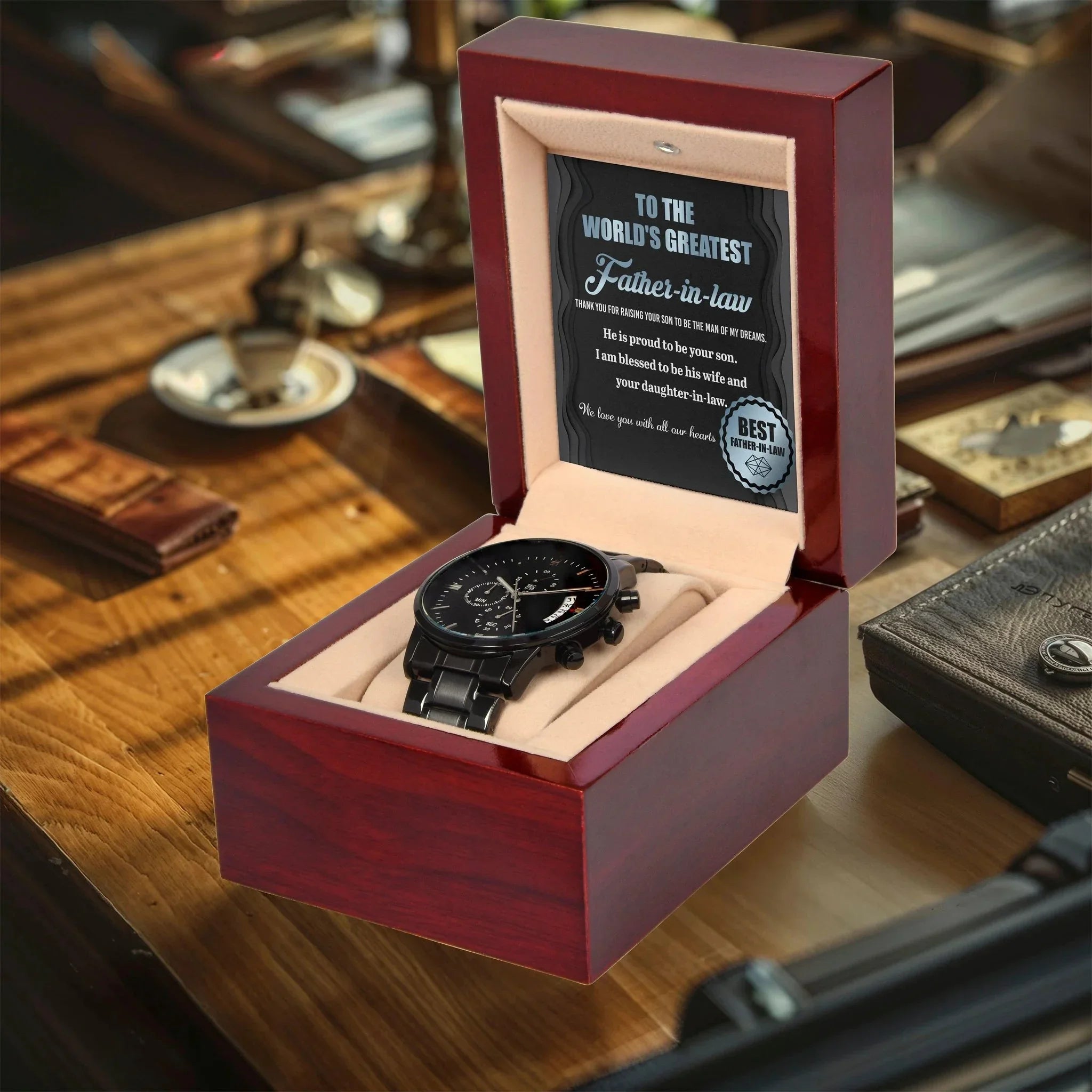 Gift for Father-in-Law He is Proud To Be Your Son Black Chronograph Watch