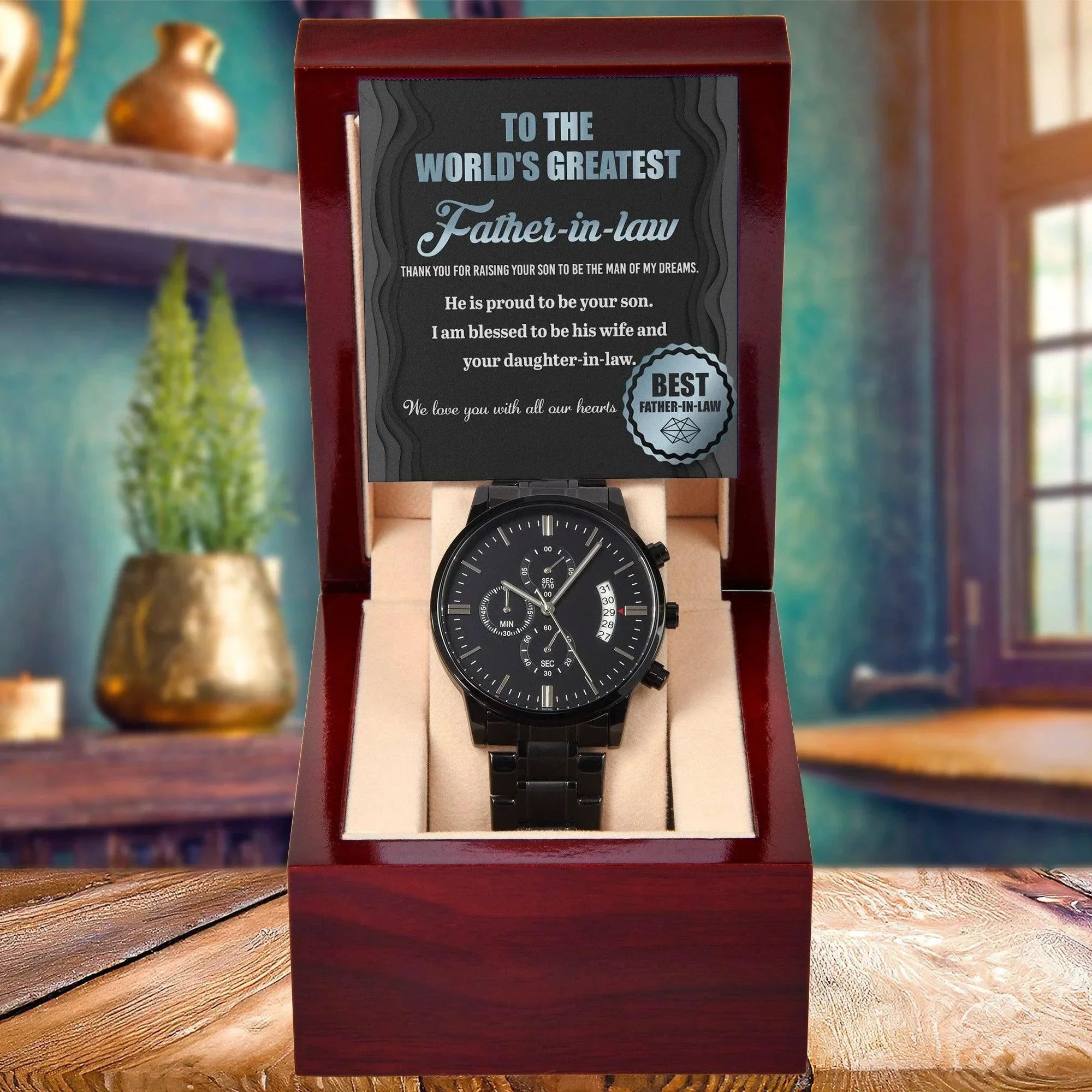 Gift for Father-in-Law He is Proud To Be Your Son Black Chronograph Watch