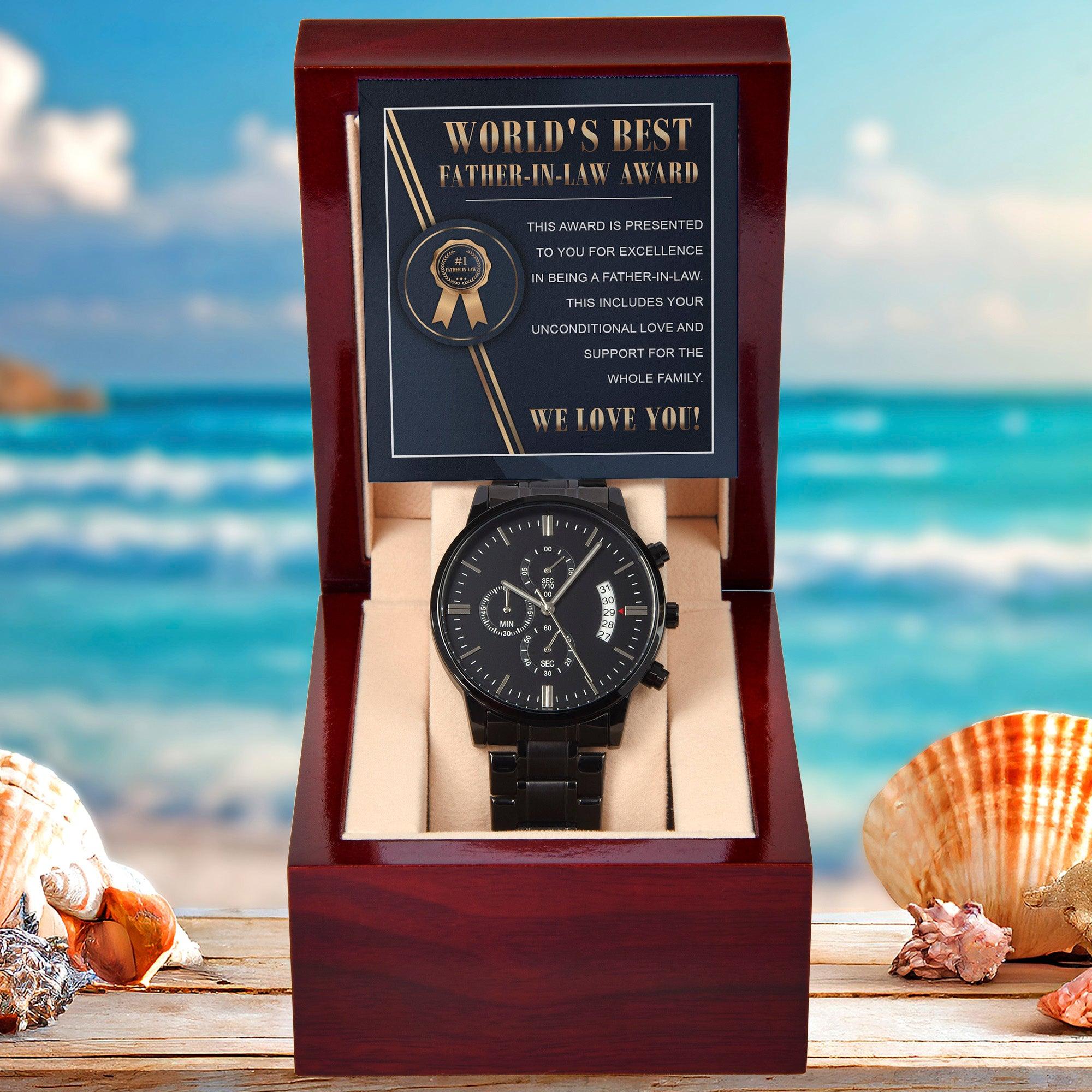 World's Best Father-in-Law Gift Unconditional Love and Support Black Chronograph Watch - Mallard Moon Gift Shop