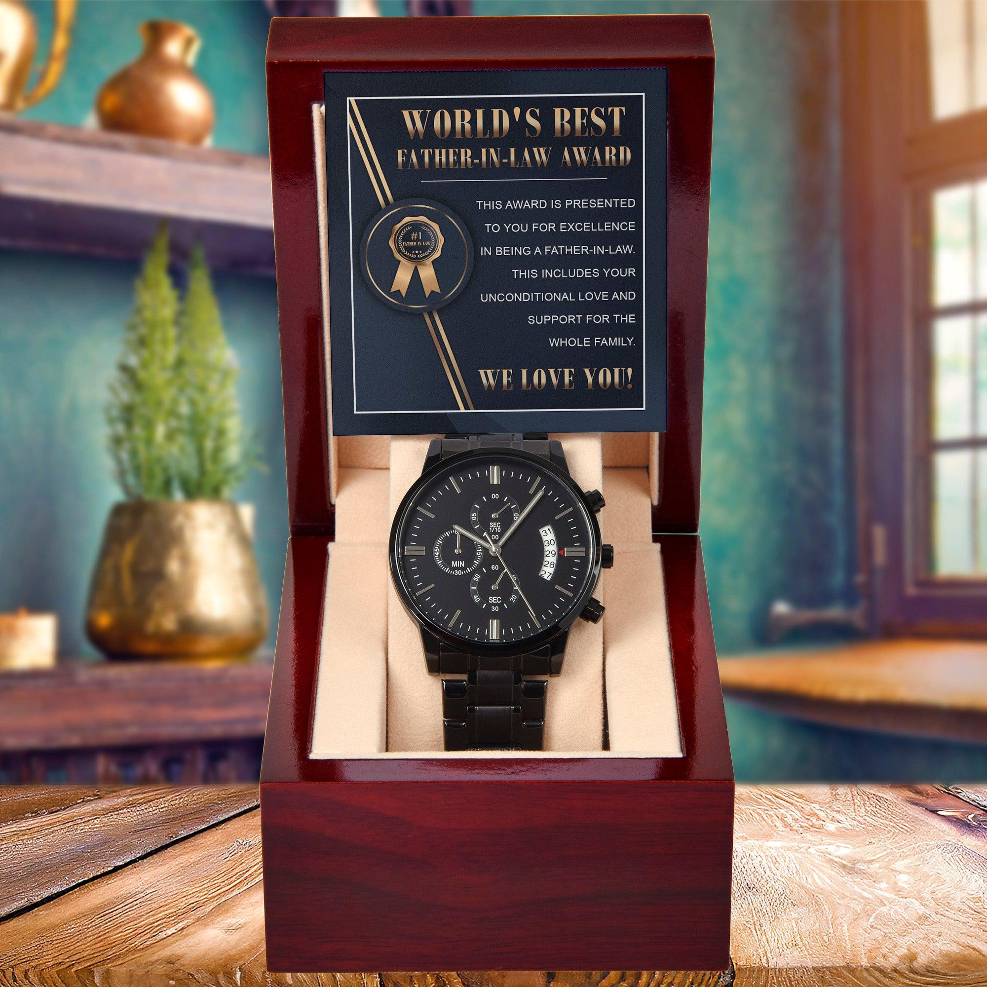 World's Best Father-in-Law Gift Unconditional Love and Support Black Chronograph Watch - Mallard Moon Gift Shop