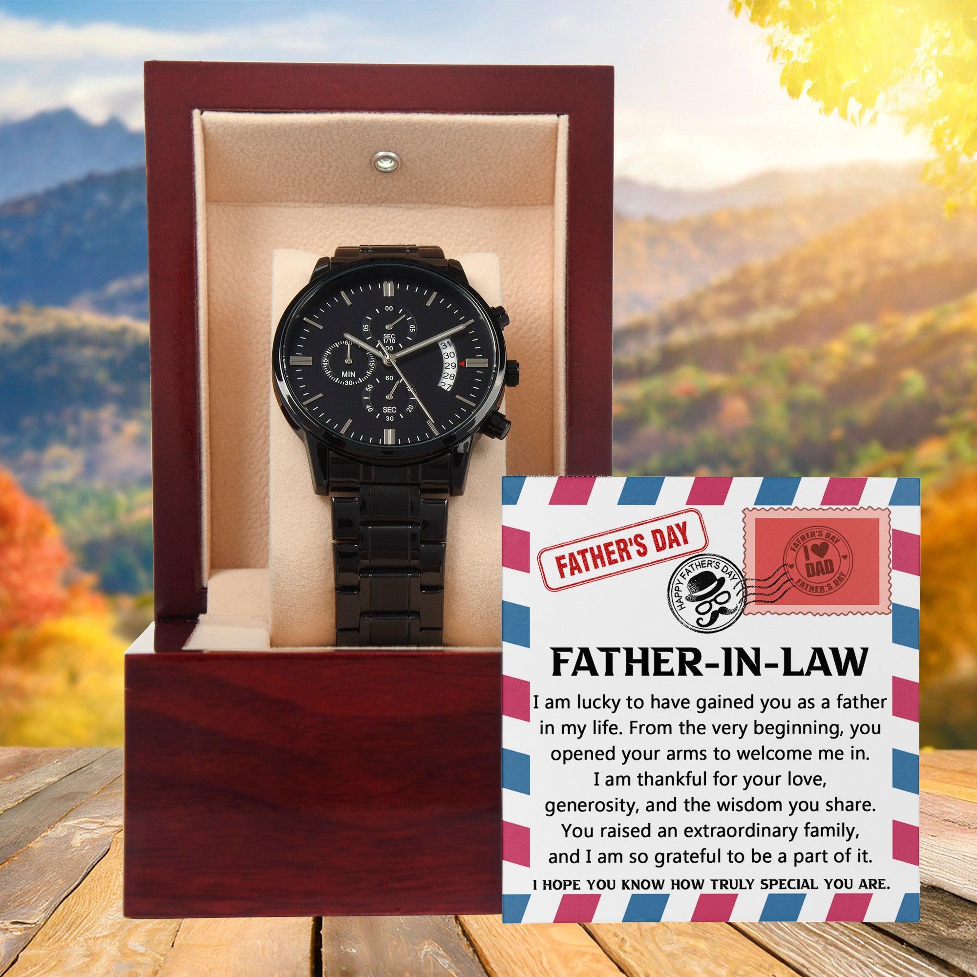 Gift for Father-in-law - I am Lucky to Have You as my Father Black Chronograph Watch - Mallard Moon Gift Shop