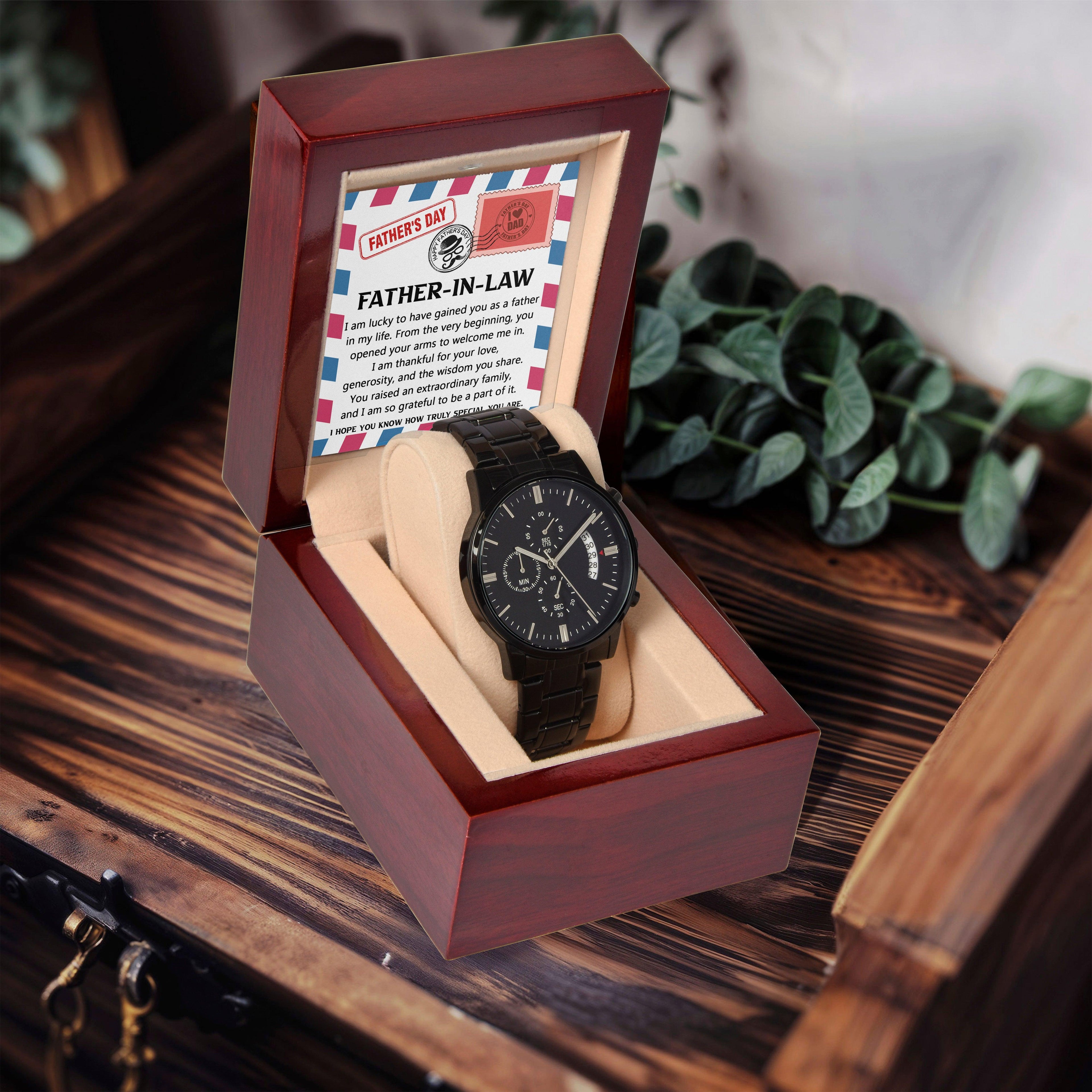 Gift for Father-in-law - I am Lucky to Have You as my Father Black Chronograph Watch - Mallard Moon Gift Shop