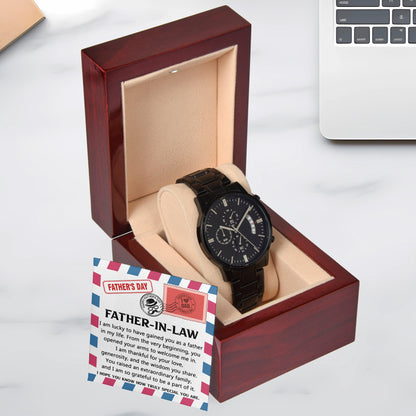 Gift for Father-in-law - I am Lucky to Have You as my Father Black Chronograph Watch - Mallard Moon Gift Shop