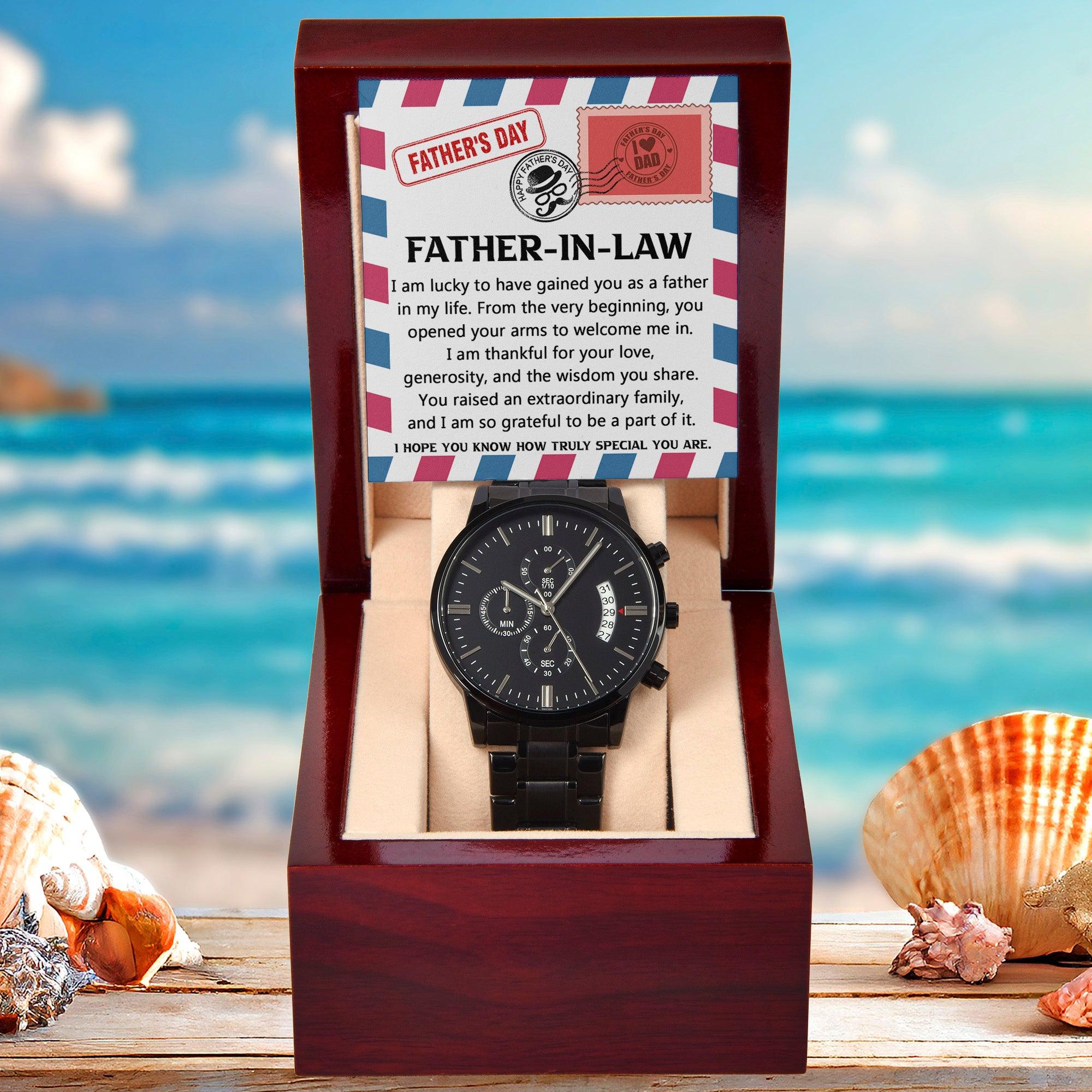 Gift for Father-in-law - I am Lucky to Have You as my Father Black Chronograph Watch - Mallard Moon Gift Shop