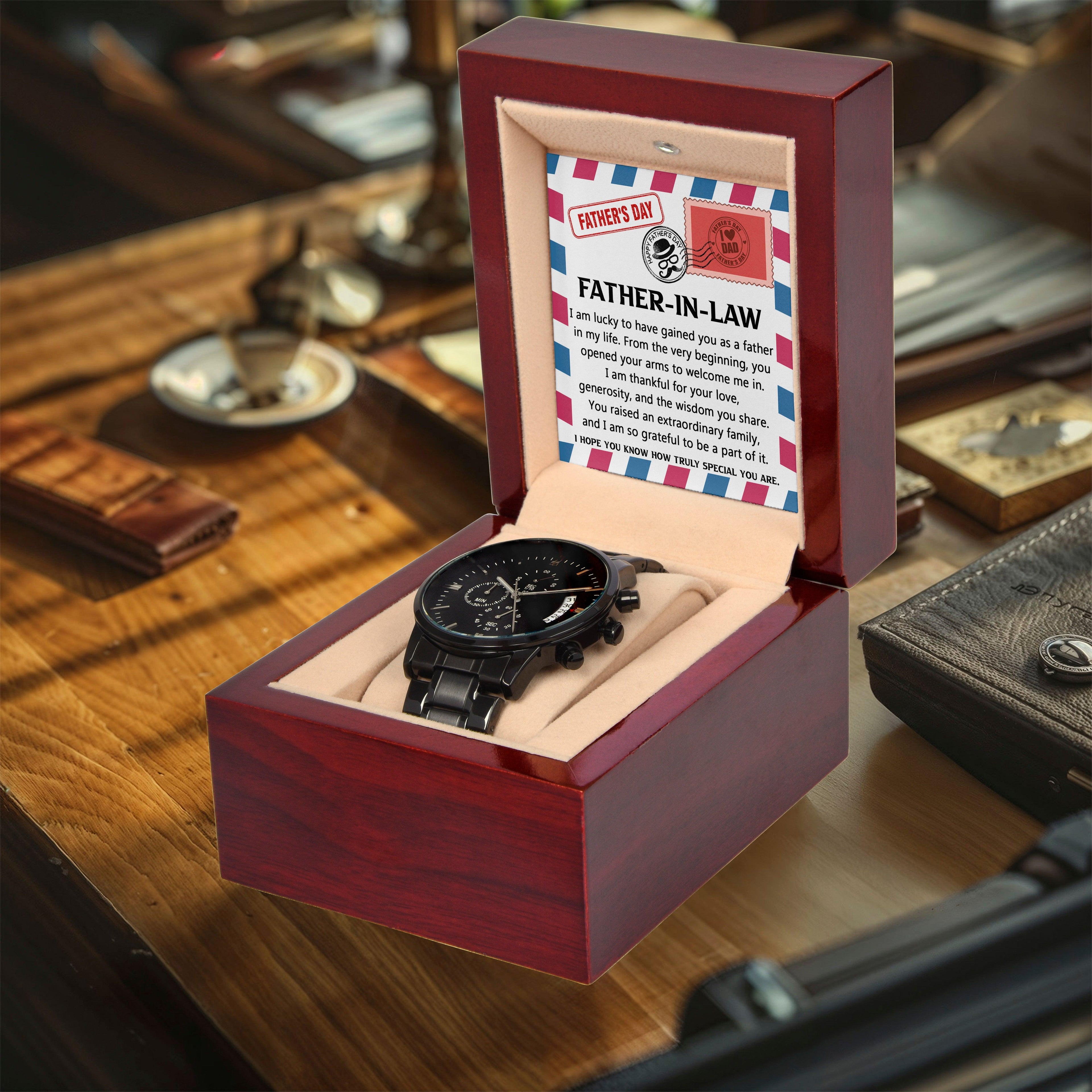 Gift for Father-in-law - I am Lucky to Have You as my Father Black Chronograph Watch - Mallard Moon Gift Shop