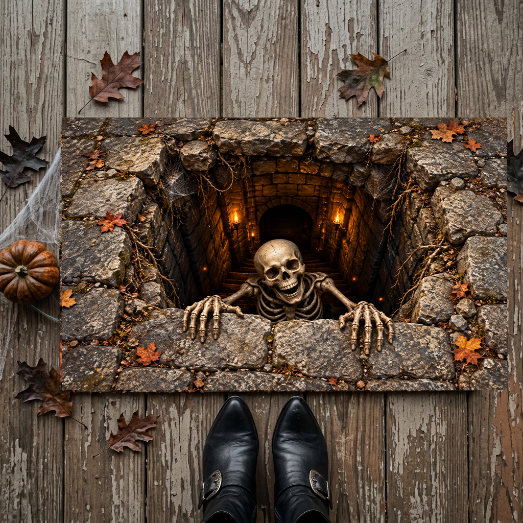 Skeleton Halloween Doormat, 3D Stairwell Illusion Door Mat, Creepy Skeleton Welcome Mat, Spooky Halloween Porch Decor