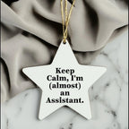 Funny Assistant Gifts: 'Keep Calm, I'm (almost) An Assistant.' Star Ornament, White, 3.25" tall, Gifts from Friends, Family, or Coworkers, Christmas Unique Gifts
