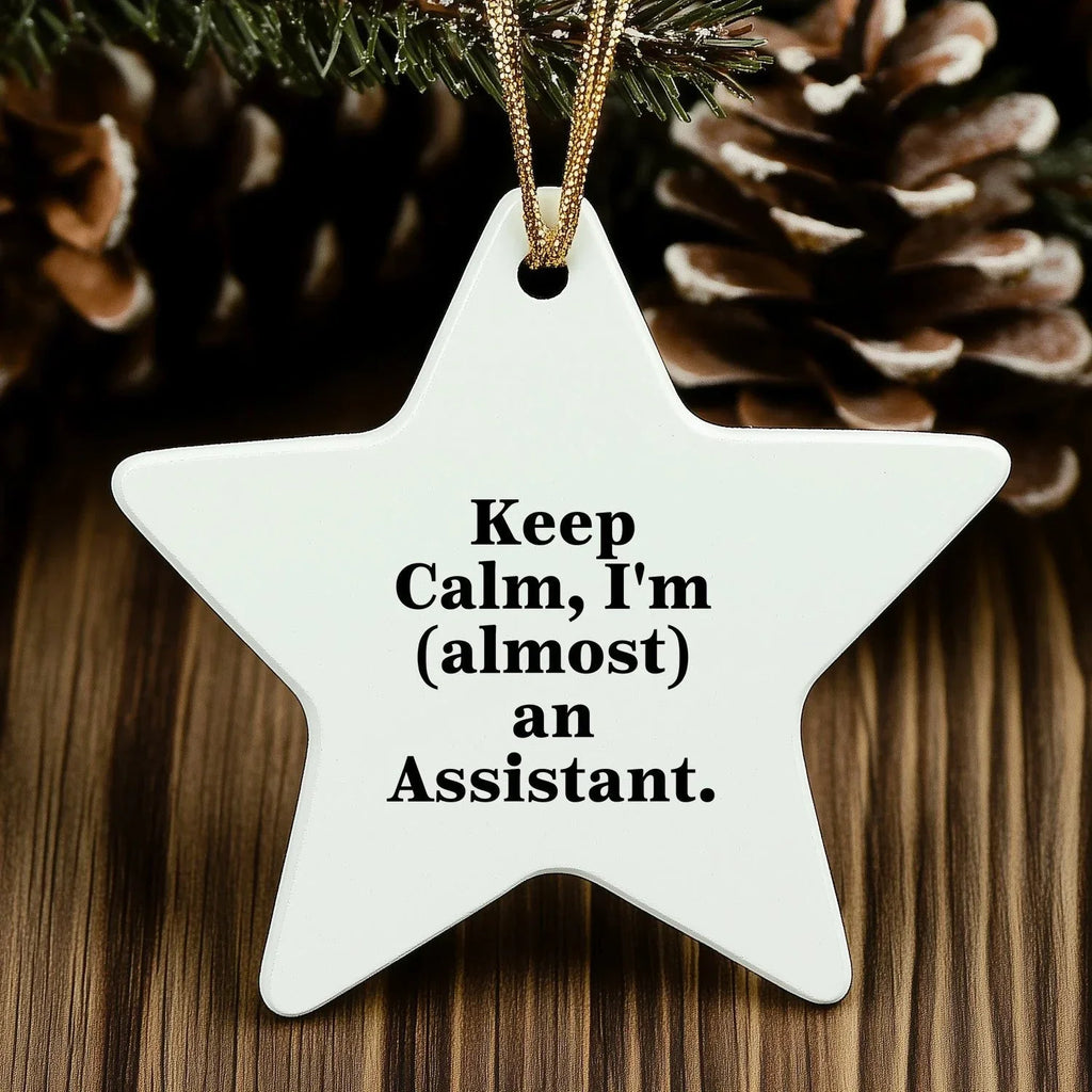 Funny Assistant Gifts: 'Keep Calm, I'm (almost) An Assistant.' Star Ornament, White, 3.25" tall, Gifts from Friends, Family, or Coworkers, Christmas Unique Gifts