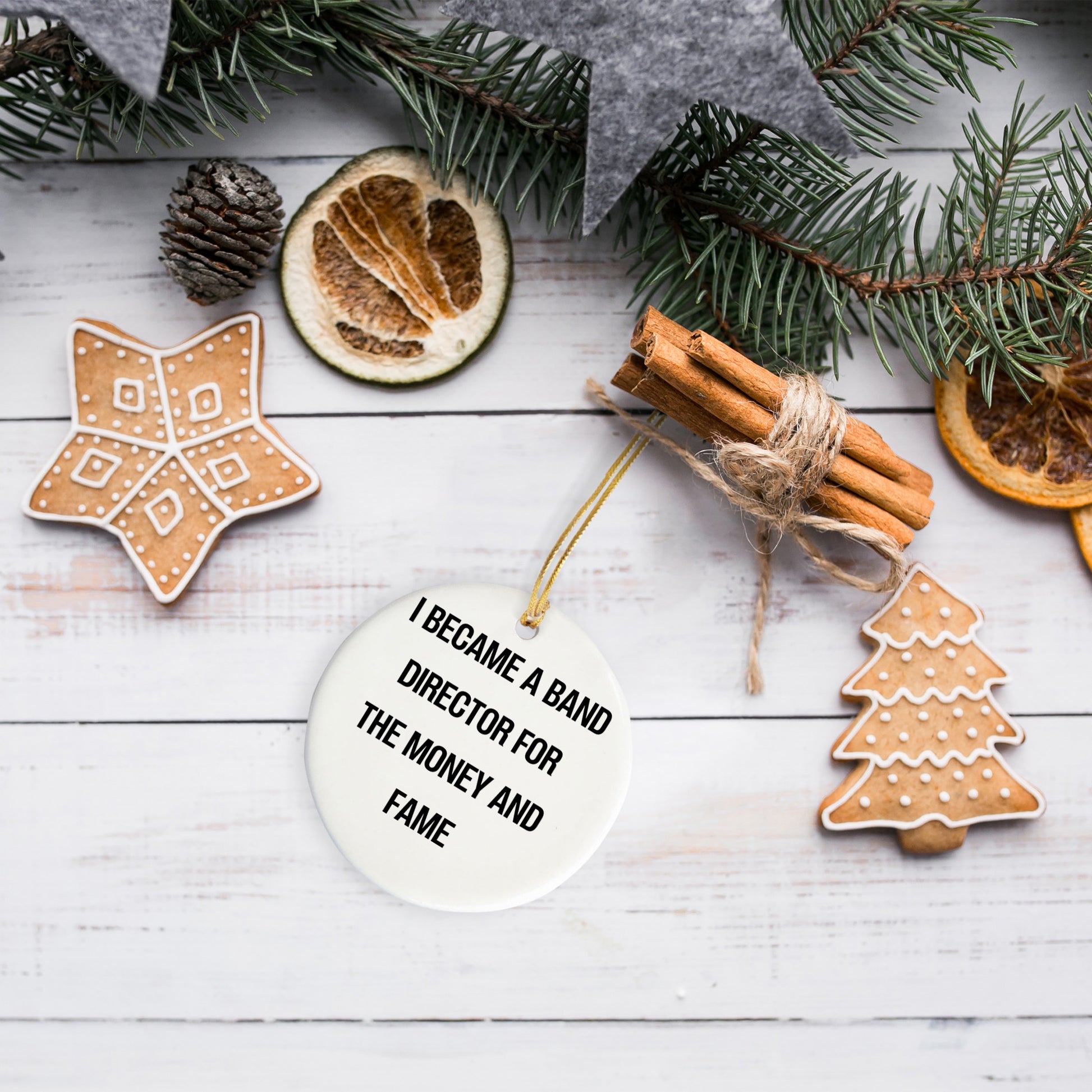 Funny Band Director Gifts for Christmas - 'I Became A Band Director For The Money And Fame' Circle Ornament for Men, Women, Coworkers, or Friends from Gifts from Family - Mallard Moon Gift Shop