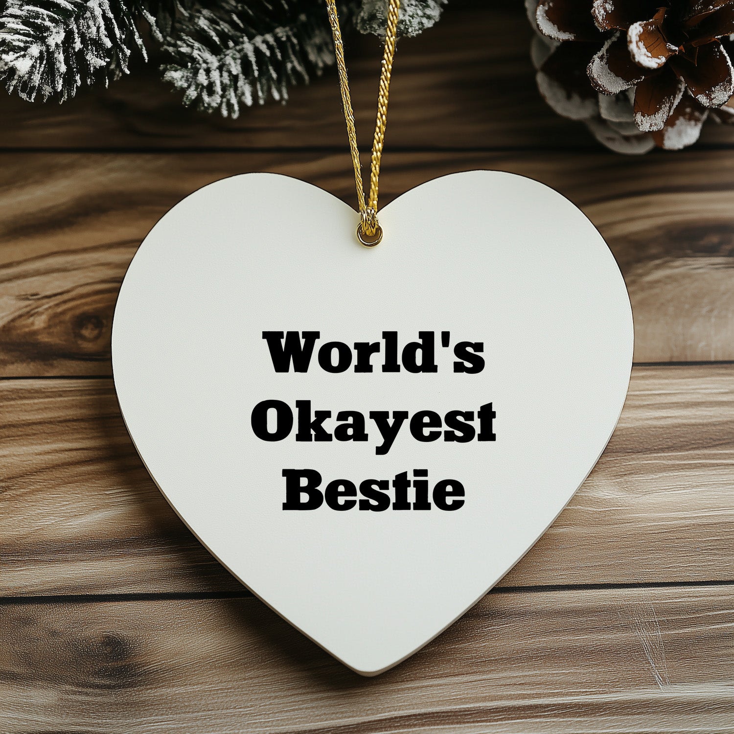 Funny Bestie Heart Ornament, World's Okayest Bestie Quote, Bestie Gifts from Men to Women, Heart Ornament for Christmas
