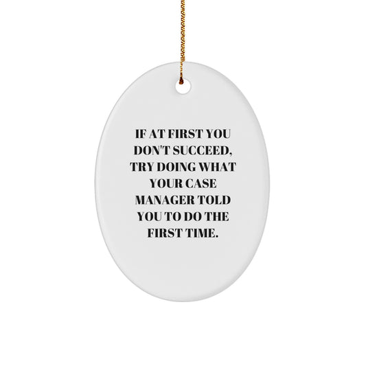 Funny Case Manager Gifts from Friends, 'If At First You Don't Succeed, Try Doing What Your Case Manager Told You To Do The First Time.' Oval Ornament for Christmas
