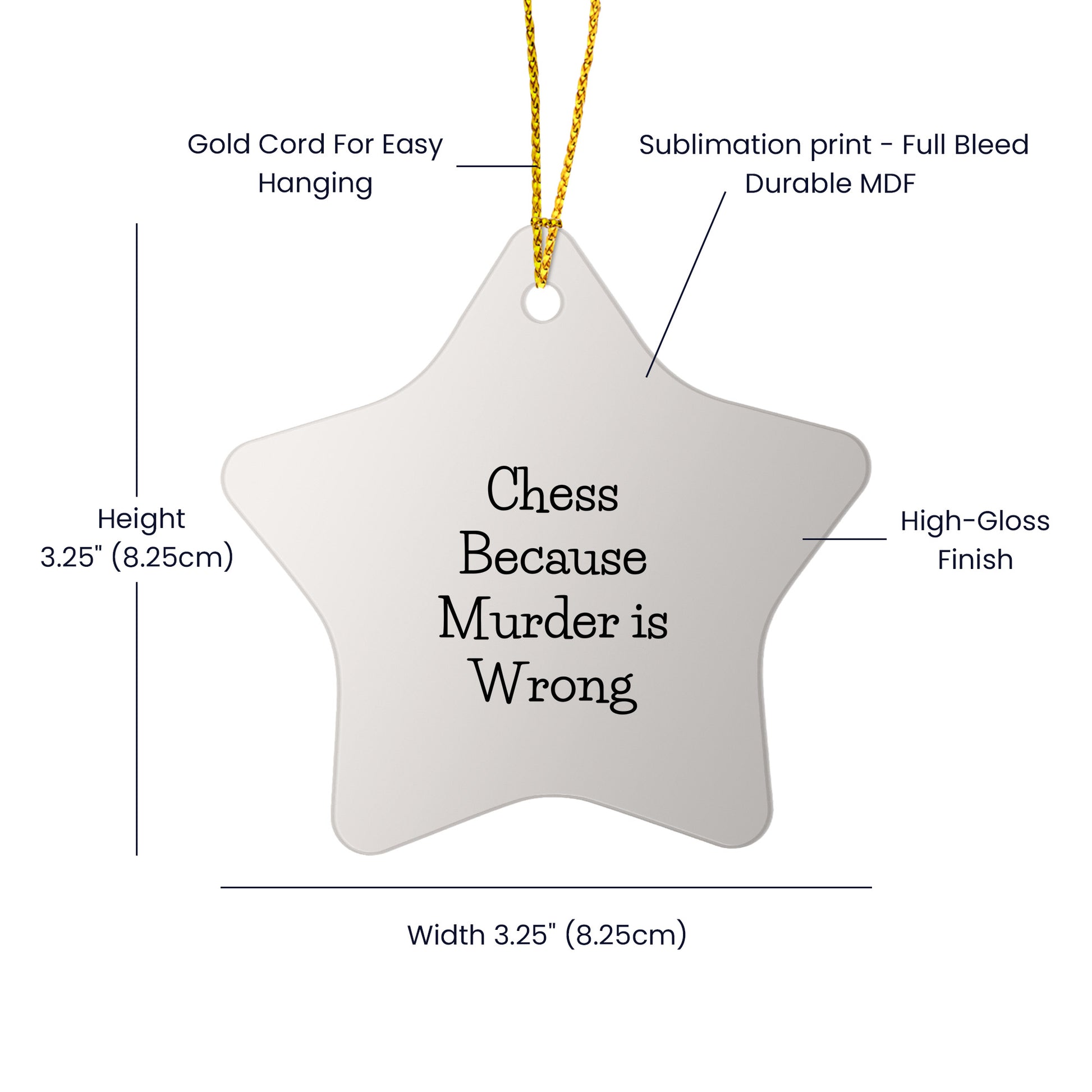 Funny Chess Gifts for Friends, Family, and Coworkers - Star Ornament with Quote 'Chess Because Murder Is Wrong' - Unique Christmas Unique Gift Ideas