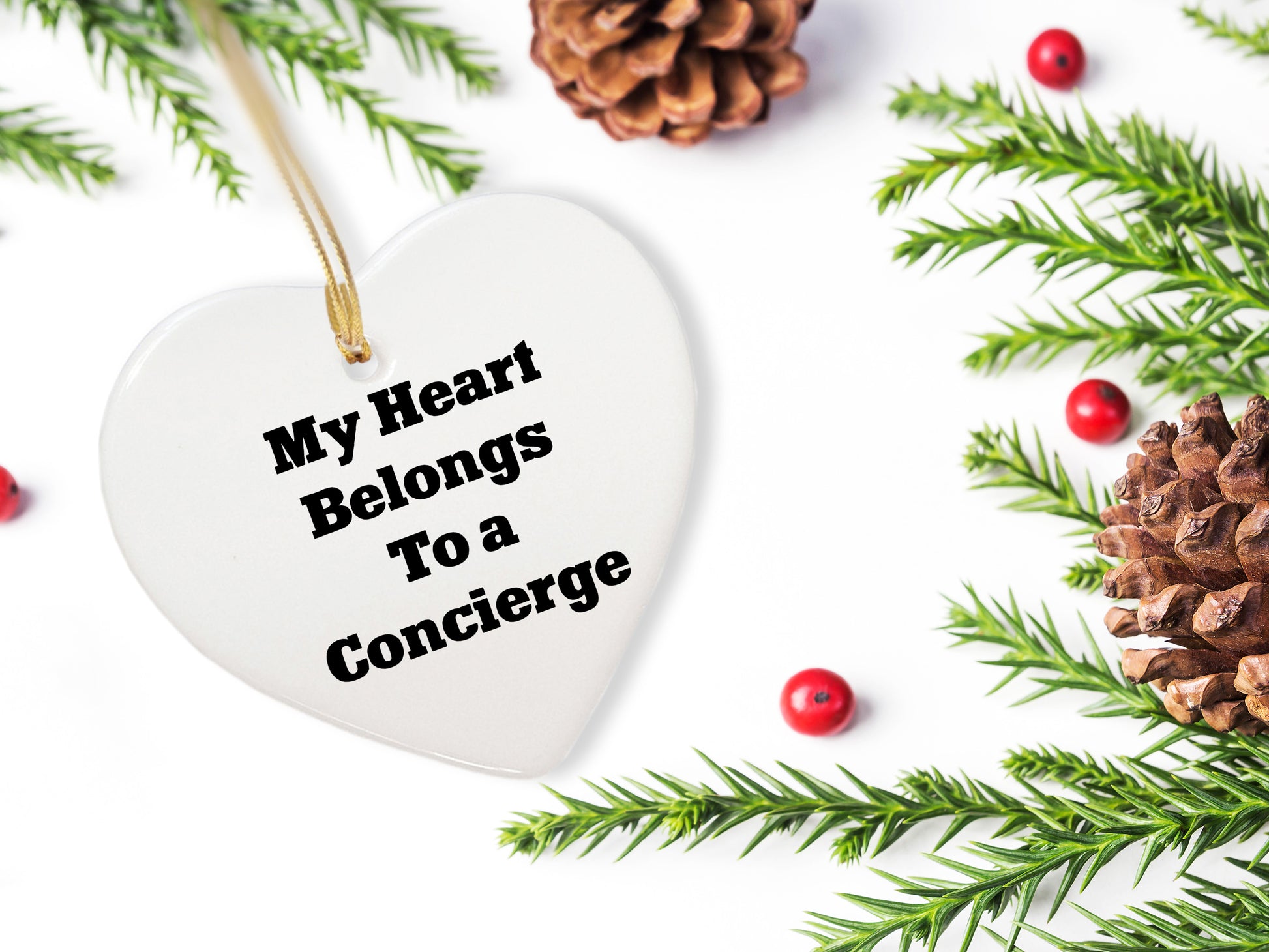 Funny Concierge Gifts - 'My Heart Belongs To A Concierge' Heart Ornament for Christmas, Gifts from Family, Friends, or Coworkers, Perfect for Concierge Enthusiasts