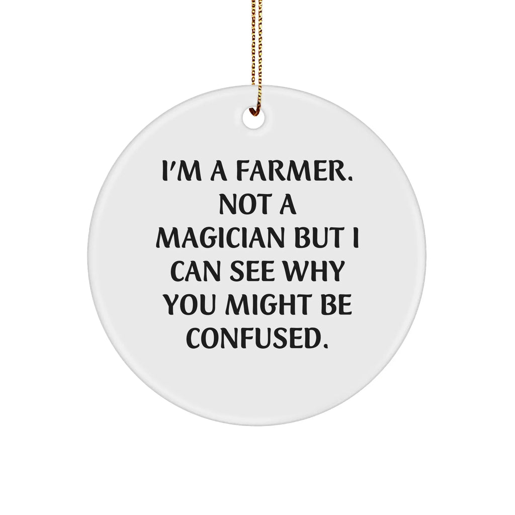 Funny Farmer Gifts from Friends - 'I'm A Farmer. Not A Magician...' Circle Ornament for Christmas