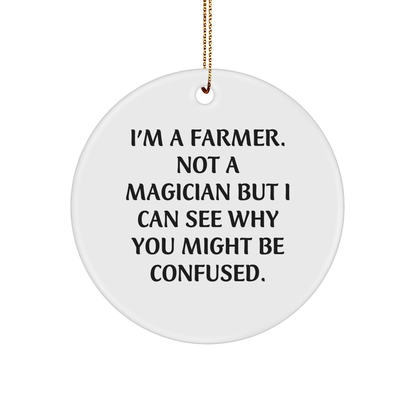 Funny Farmer Gifts from Friends - 'I'm A Farmer. Not A Magician...' Circle Ornament for Christmas