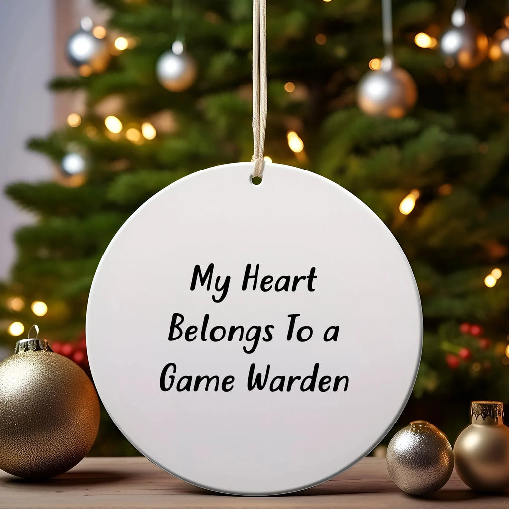 Funny Game Warden Gifts for Friends or Family - 'My Heart Belongs To A Game Warden' Circle Ornament with Christmas Unique Gift from, Gifts for Game Wardens, Men, and Women