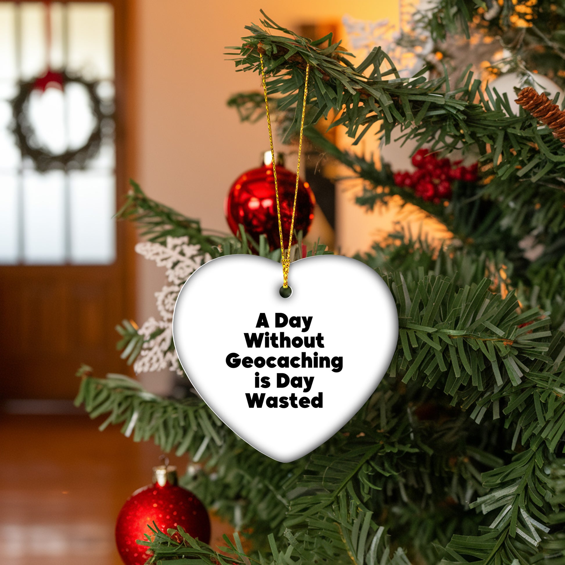 Funny Geocaching Gifts for Men and Women, 'A Day Without Geocaching Is Day Wasted' Heart Ornament, Christmas Unique Gifts from Friends to Family