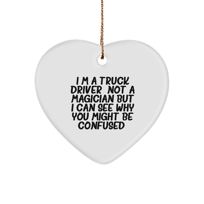 Funny Heart Ornament for Truck Driver Gifts from Family, Heart-Shaped White MDF with Sublimation Print, Christmas Unique Presents for Men