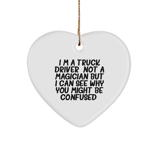 Funny Heart Ornament for Truck Driver Gifts from Family, Heart-Shaped White MDF with Sublimation Print, Christmas Unique Presents for Men