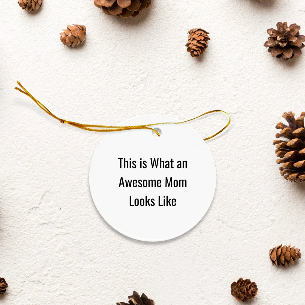 Funny Mom Gifts from Men for Awesome Moms - 'This Is What An Awesome Mom Looks Like' Circle Ornament, White, Christmas Unique Gifts