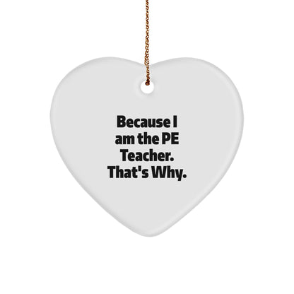Funny PE Teacher Gifts from Friends - Because I Am The PE Teacher. That's Why. Christmas Heart Ornament for Men