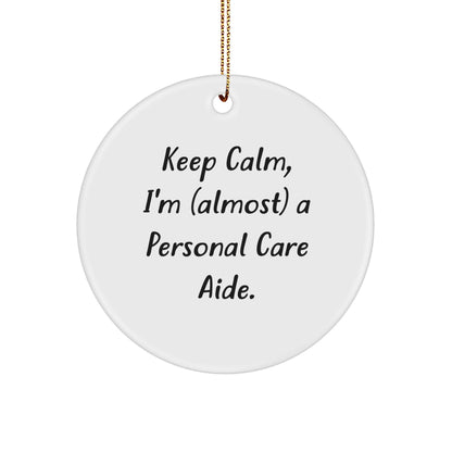 Funny Personal Care Aide Gifts from Friends to Family - Keep Calm, I'm (almost) A Personal Care Aide. Circle Ornament for Christmas