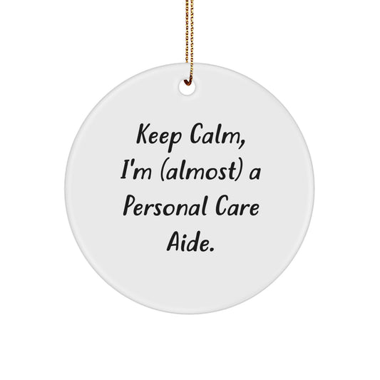 Funny Personal Care Aide Gifts from Friends to Family - Keep Calm, I'm (almost) A Personal Care Aide. Circle Ornament for Christmas